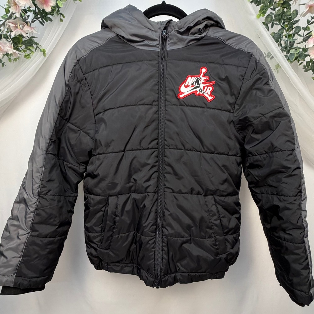 Jordan Nike Air Boys Puffer Jacket Black Grey Red Fleece Lined Hooded Large